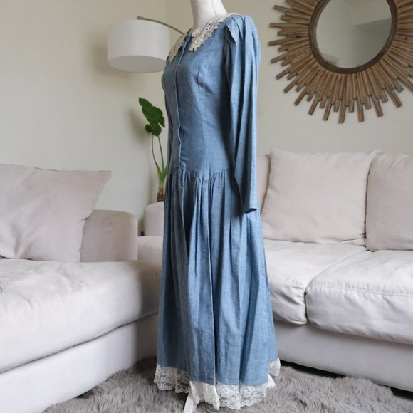 Vintage Gunne Sax 70s Blue Prairie  Cottagecore Maxi Dress - Picture 5 of 13